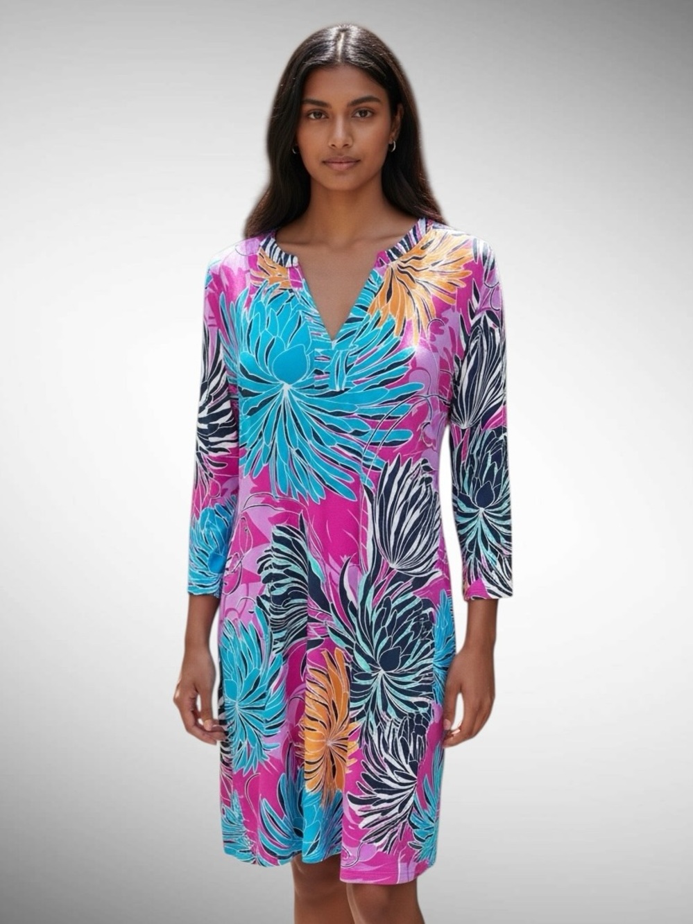 Banana Republic Split Neck Floral Print Dress 3/4-Sleeves